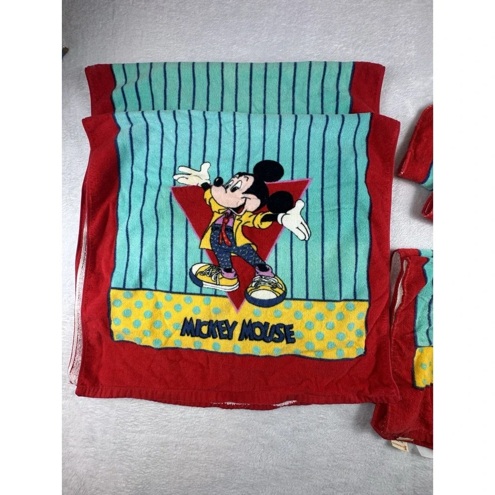 Vintage Mickey Mouse Disney Bath Towel Set Franco Hand Towel & Wash Rag 6 Piece